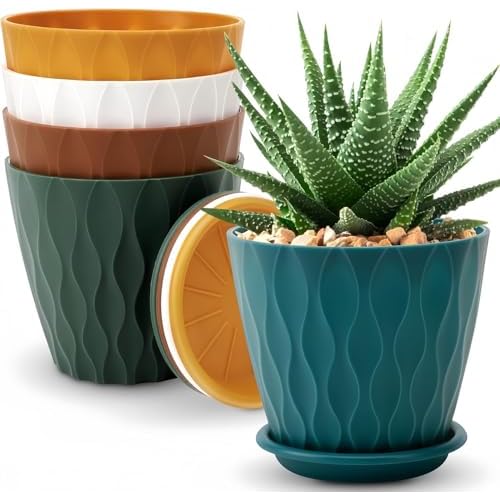 KAHEIGN 5 Pièces Pots de Fleurs en Plastique, 15CM Jardinière Anti-Racines Épais Pot de Jardin à Motif Ondulé avec Drainage Trou et Soucoupe pour Plantes Fleurs Herbes Succulentes Cactus (5 Couleurs)