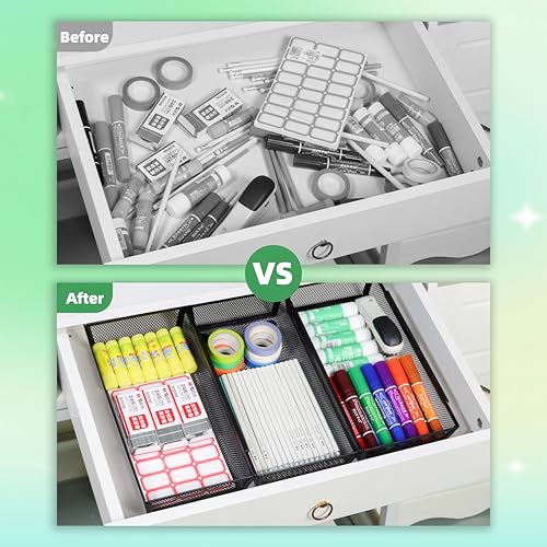 ihomecooker Mesh Tray Silverware Drawer Organizer, Utensil Cutlery Tray Office Supplies with Interlocking Arm Drawer Dividers Organizer for Flatware, Knives,Home,Office, School,Bedroom 12X6'' Black