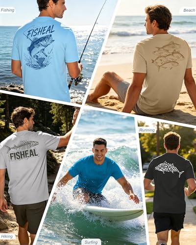 Image of FISHEAL Men's UPF 50+ Swim Fishing Graphic Shirts, Short Sleeve UV Sun Protection T-Shirt, Quick Dry Beach Water Rash Guard