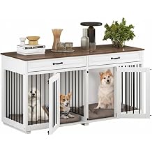 Large Dog Crate Furniture, Wooden Indoor Dog Kennel with 2 Drawers, Heavy Duty Dog Cage for Multiple Dogs, Lockable Dog House, End Side Table Animal Crates for Living Room, White