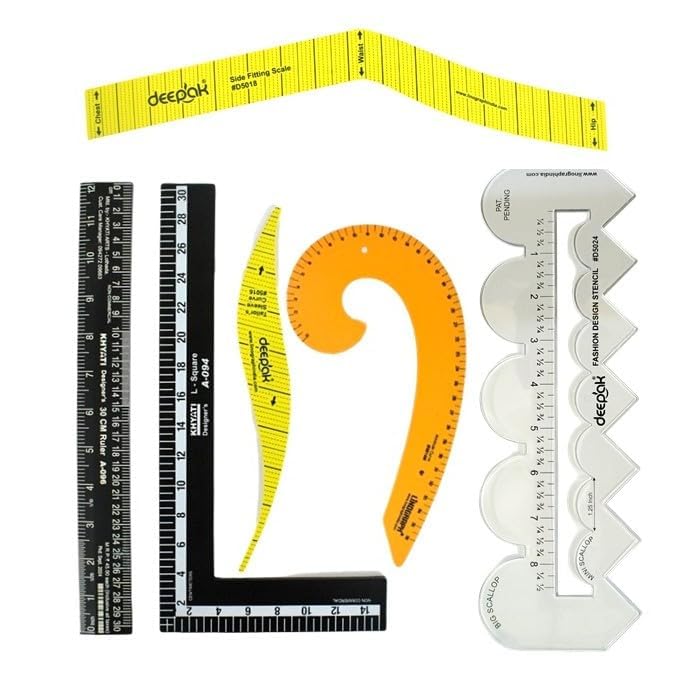 4 in 1 Multi-purpose Scallop Scale, Hip Scale, Arm Hole Curve, French Curve, Straight Ruler, 30 cm, Yellow, 6 Pieces-image-21