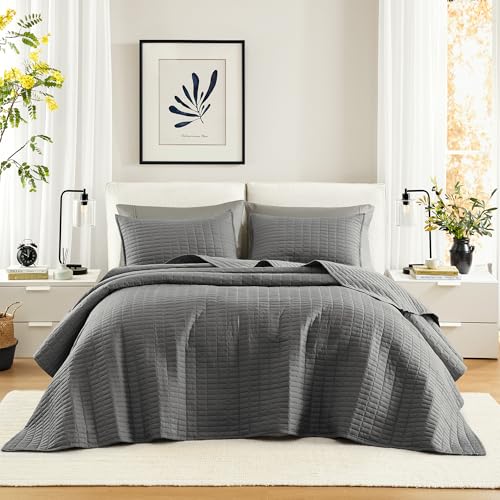 Comfort Spaces Charcoal Oversized King Quilt Set 120"x118" Bedspread Quilted Summer Lightweight Microfiber Bedding Coverlet with Double Sided Stitching Soft All Season Cozy 3 Piece with Matching Shams