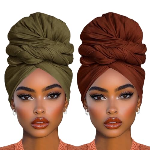 COOKOO 2 Piece Solid Color Stretch Jersey Head Wrap Long Scarf Muslim Headwraps Long African Women's Headwrap Stretch Hijab Extra Fashion Head Scarf Head Bands for Women(Coffee+Army Green)