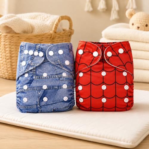 Image of Lukzer Reusable Baby Cloth Diaper with Microfiber Insert Pad, Pack of 2 | Free Size Adjustable Washable Baby Nappies with Snap Buttons | Soft Diapers with Leak Protection for Babies 3 Months-3 Years, 5-15 kg
