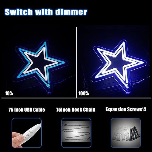 Image of Dallas Cowboy Neon Sign - Blue and White Star LED Light for Cowboys Fans, Game Room Wall Decor, Cowboys Merch Gift for Men, Boys, Sports Lovers