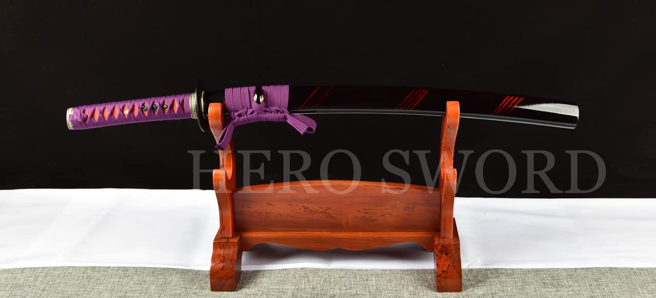 HERO SWORD Handmade Wakizashi Combat Ready Red Damascus Folded Steel Japanese Samurai Sword Sharp Knife Purple Tsuka ito/Sageo