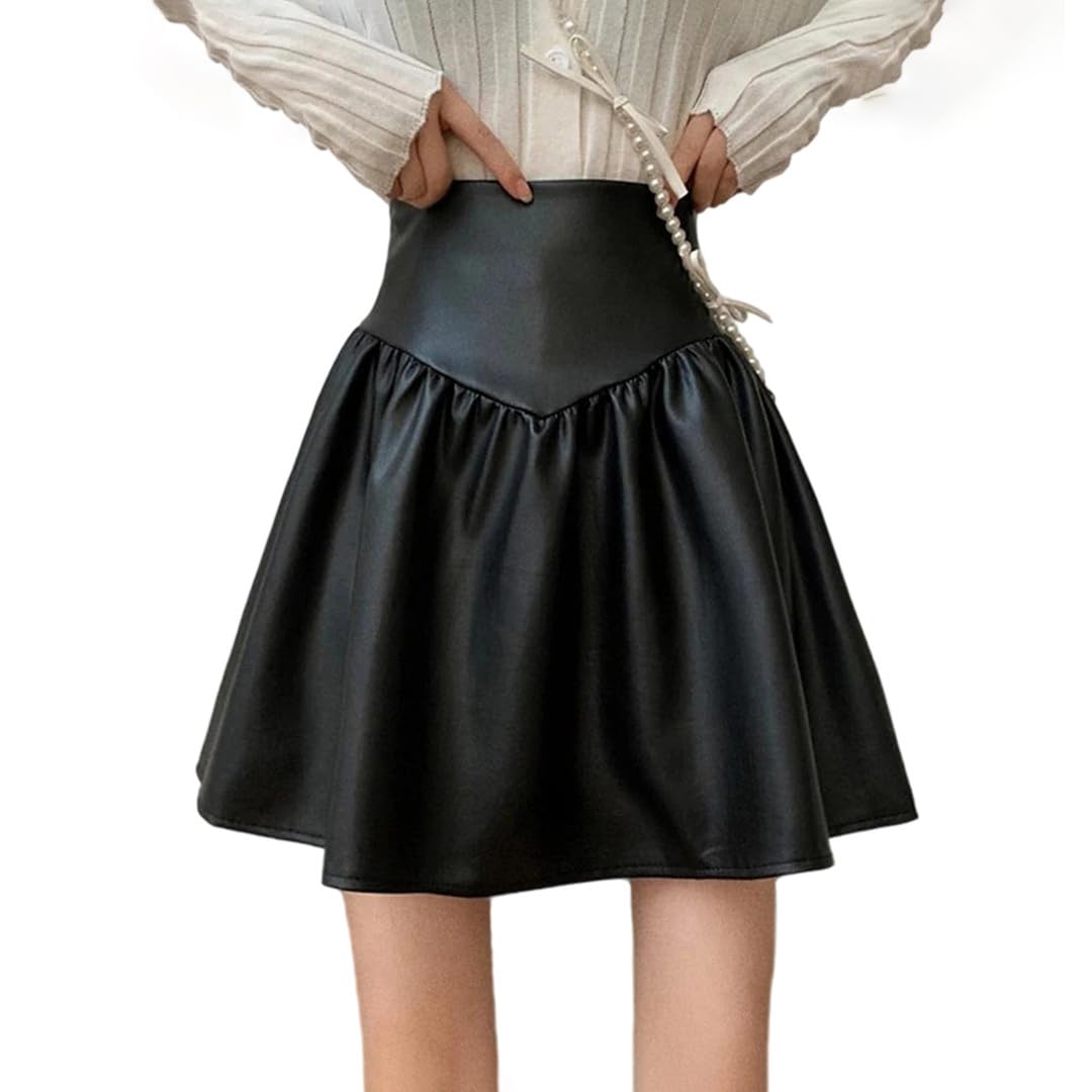 Minifalda plisada de piel sintética para mujer, cintura alta, estilo preppy, falda corta acampanada, moda coreana