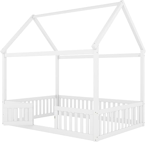 Miniatura 5 de Merax Cama de madera de tamaño completo con valla y puerta, marco de cama de madera con techo para adolescentes, niños o niñas, color blanco
