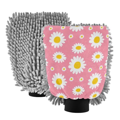 Kigai Cute White Daisy Car Wash Mitt Microfiber, 2Pcs Scratch Free Lint-Free, Premium Chenille Microfiber Mitt Car Wash Brush-L