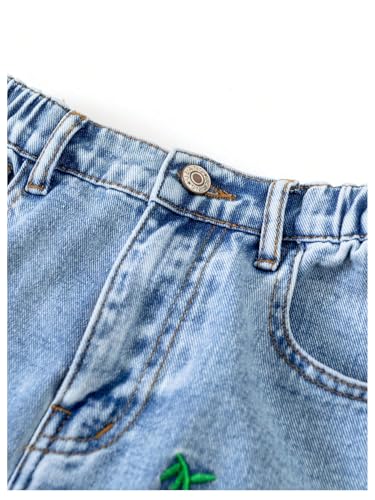 WDIRARA Girl's Cute Cherry Print Elastic High Waist Denim Pants Casual Wide Leg Jeans3