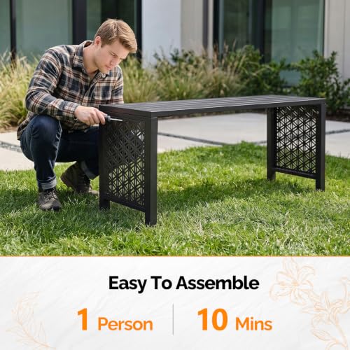 Image of VINGLI 40in Outdoor Metal Bench, All-Weathe Backless Patio Bench with Slatted Seat&Floral Side Panels, Rust-Resistant Garden Bench, Weatherproof Outdoor Seating for Porch Entryway Backyard (Black)