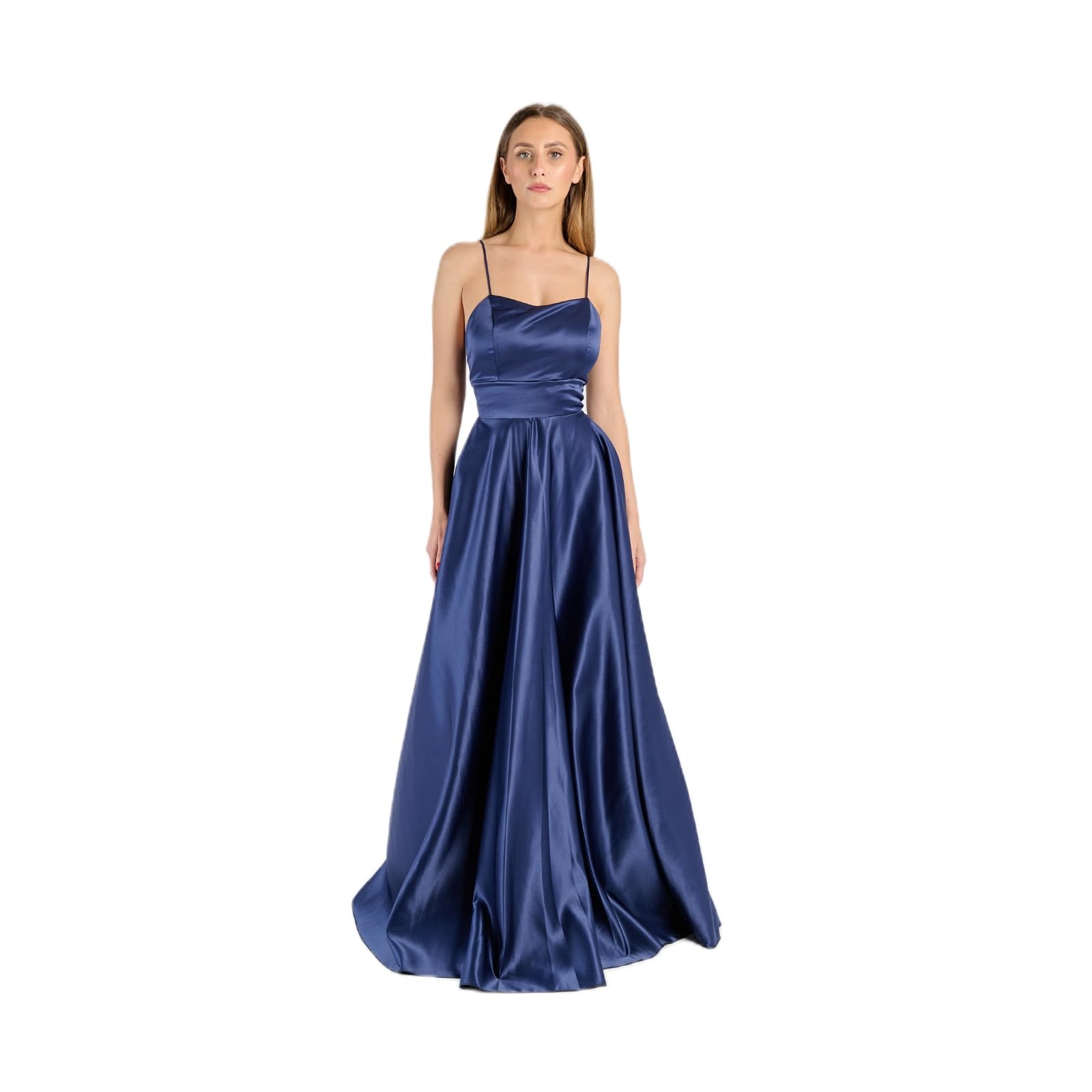 Abito Lungo Elegante Donna in Raso – Spalline Sottili, Schiena Scoperta con Allacciatura, Linea Ampia Fluida – Vestito da Cerimonia, Festa, Evento Formale