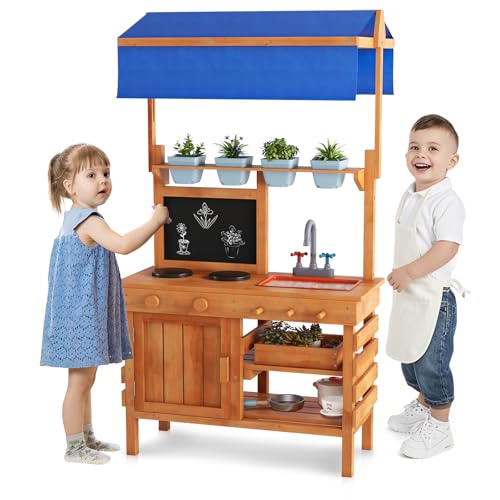 HONEY JOY Mud Kitchen with Canopy, Fir Wood Outdoor Play Kitchen for Toddlers, 4 Planting Cups & Box, Sink, Blackboard, Mud Table for Kids Outdoors, Natural