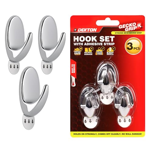 DEKTON Geckogrip Hook Set 3pc Chrome-Heavy-Duty Wall Hook| Strong Adhesive Grip| Holds Upto 10kg| Ideal for Kitchen, Bathroom, Office| Reusable & Residue-Free| Sleek Chrome Finish| Versatile Storage