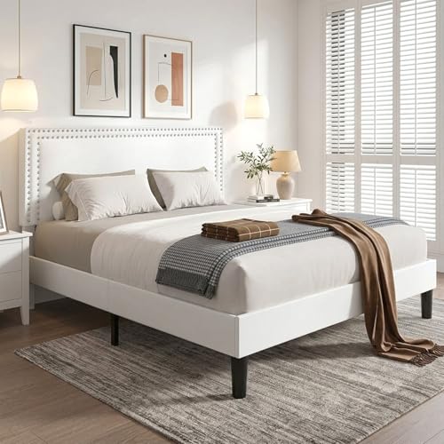 Image of VECELO Queen Size Platform Bed Frame with Height Adjustable Upholstered Headboard, Modern Mattress Foundation,Strong Wood Slat Support, No Box Spring Needed, Easy Assembly,White