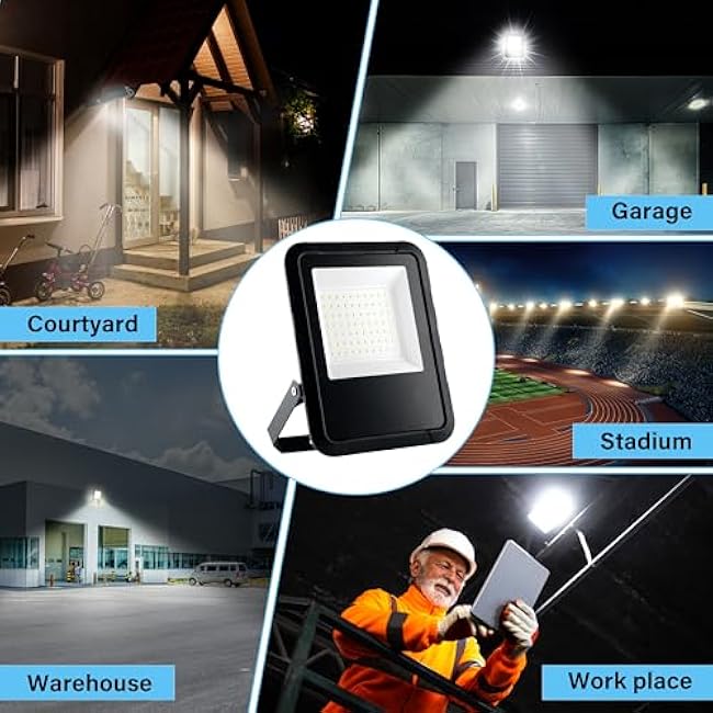 Simple Deluxe 2 Pack LED Flood Lights Outdoor, 70W 7000LM Super Bright Outside Work Light with Plug, IP65 Waterproof, 6500K Floodlight for Garage, Yard, Lawn
