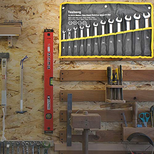 Yashong 12-Piece 8-19Mm Metric Flex-Head Ratcheting Wrench Set, Professional Chrome Vanadium Steel Ratchet Wrenches, Combination Ended Spanner Kit With Portable Suspended Canvas Bag #TOP4