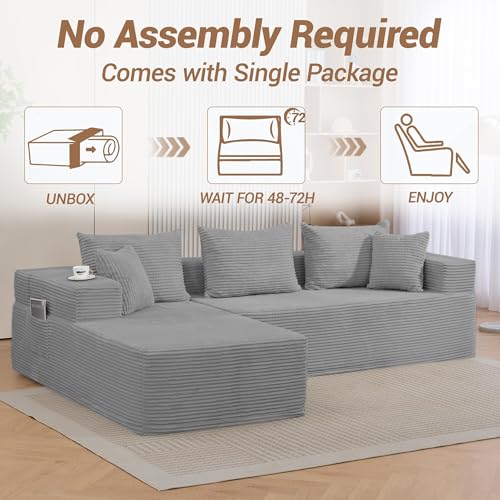 Image of 105'' Cloud Sectional Couch, Modular L-Shaped Boneless Sectional Sofa, Corduroy Deep Seat Couch, Small Space Sofas for Living Room Bedroom Apartment, No Assembly, Grey