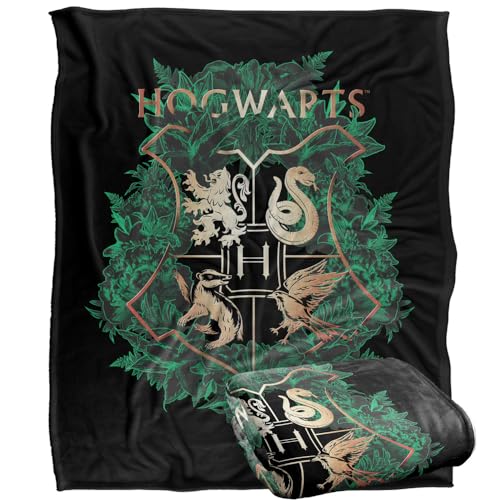 60"x80" Hogwarts Green and Gold Floral Crest Silky Touch Super Soft Throw