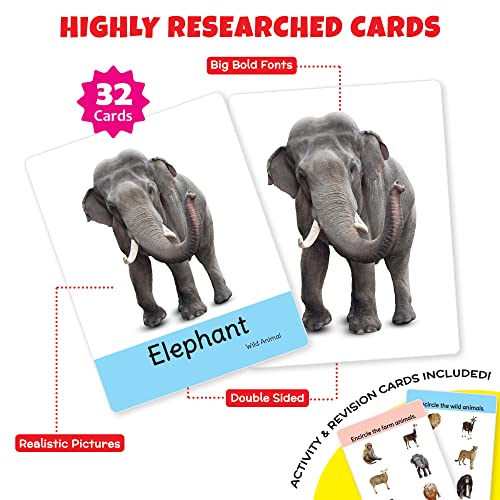Image of Big Flash Cards for Kids: Animals | 32 Double-Sided Picture Cards, Durable & Water Resistant | Early Learning & Development Toy for Preschoolers & Toddlers 2-6 Years | Can Be Wiped Clean