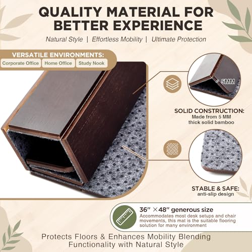 Image of Leinuosen 36 inch x 48 inch Office Bamboo Chairmat for Carpet Floor Mat Highly Premium Quality Anti-Slip Office & Home Floor Protector Low Pile Carpet Chair Mat, 5mm Thick(Without Lip,Cherry Wood)