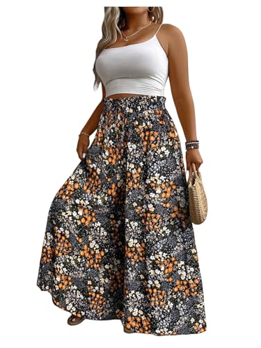 BEAUDRM Womens Plus Size Flowy Palazzo Pants Floral Baggy Wide Leg Pants Boho Lounge Pants Summer Vacation Cruise Outfits Black XX-Large Plus