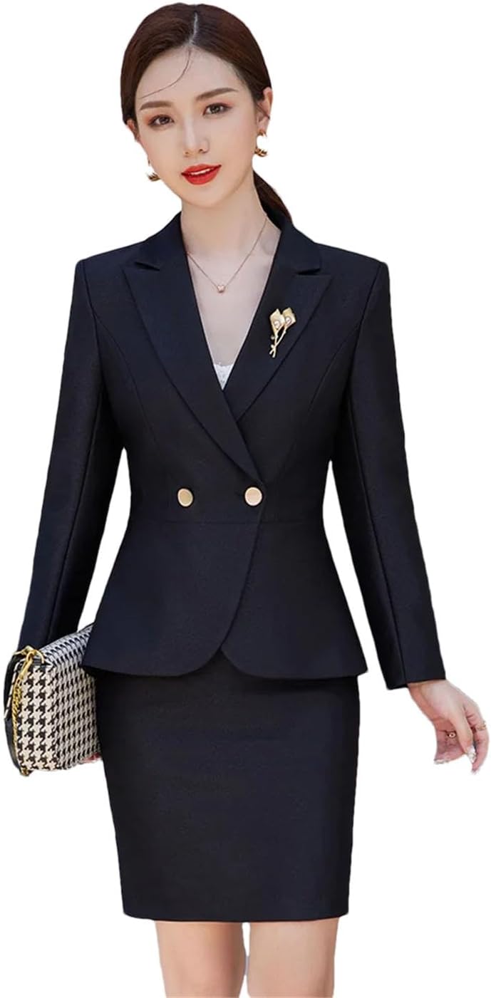 Women's Solid Color Lapel Long Sleeve Single Button Slim Fit Office Suit Jacket and Skirt Set