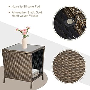 Outdoor bistro table pe wicker rattan side table square end table with glass top for backyard lawn balcony brown  urban country home decor