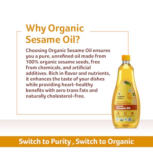 Image of Organic Tattva, Organic Sesame Oil, 1 Litre | Unrefined Safed Til Ka Tel | Cholesterol and Tran Fat Free| 100% Organic | Pesticide and Chemical Free | Pure and Unadulterated | Double Filtered | Expeller-Pressed | Pack of 2