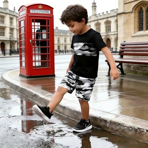 Image of Boys' 2 Piece Summer Outfit Cool Dinosaur & Camouflage Graphic Short Sleeve Tee & Shorts Set Size 4-12