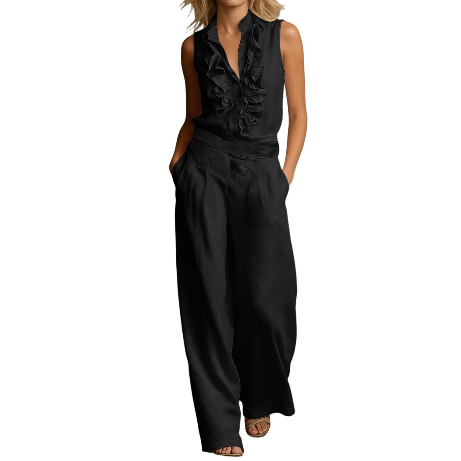 Combinaison d'été 2 pièces pour femme - Sans manches - Débardeur et pantalon large - En lin - Couleur unie - Avec poches - En coton