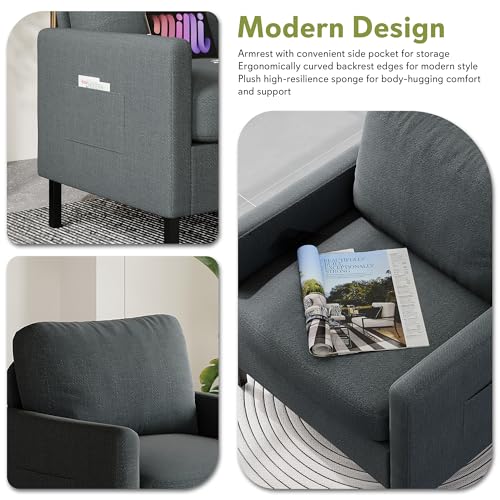 Image of STHOUYN Modern Accent Chairs, Bedroom Chair with Side Pockets, Linen Fabric Living Room Chair, Side Arm Chairs for Apartment, Waiting Room (Dark Grey, 1pc)