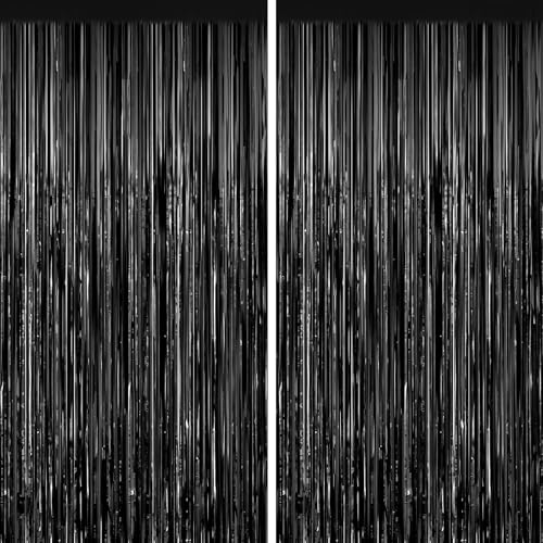 YUEXIZEXI 2 Pack Black Foil Fringe Curtains 3.3ft x 6.6ft Streamer Foil Curtain Tinsel Backdrop for Birthday Party Christmas Decor Wedding Engagement Baby Shower Bachelorette Party Decorations