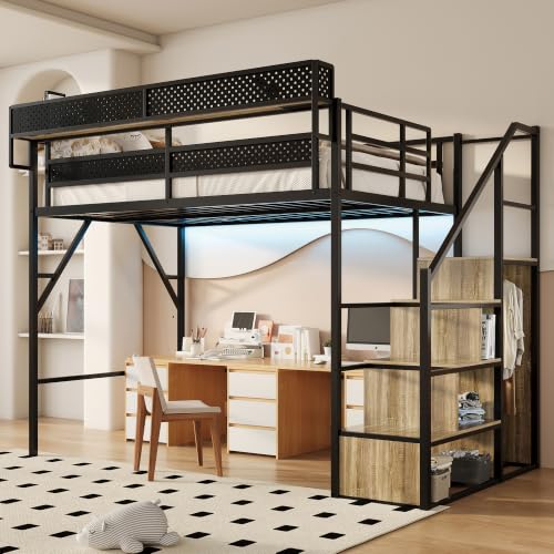 Image of Full Size Metal Loft Bed with Storage Stairs, Wardrobe & Charging Station