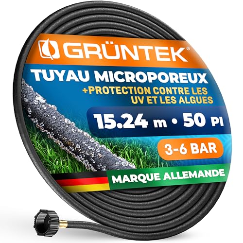 GRÜNTEK Tuyau Microporeux Arrosage Goutte à Goutte de 15,24 M avec connecteur de 1,2 cm, diamètre intérieur de 12 mm, débit d'égouttement : 5 L-10 L par min