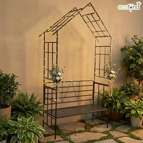 Image of ecofynd 8 Feet High x 3.7 Feet Wide 2-Seater Hut-Shaped Garden Bench, Metal Arbor Trellis for Climbing Plant with Outdoor Garden Chair, Backdrop Stand for Wedding Lawn Backyard Party Decor (GC002-BLK)