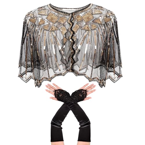 Women's 1920s Shawl Wrap Gloves Sequin Beaded Shawls Evening Cape Decor Flapper Cover Up Roaring 20s Accessories Set