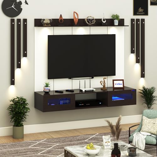 Image of Anikaa OriloPro Engineered Wood Wall Mount TV Unit with PVC Back Panel, Acrylic Blue LED Storage Box, Side Wooden Accent Spot Light Panels I Deal for Up to 50 Inch TV (Wenge - DIY Installation)