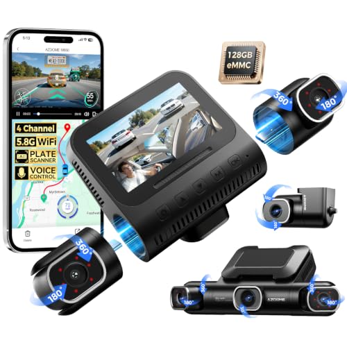 Image of AZDOME 360 4 Channel Dash Cam Front and Rear Inside, Built-in 128GB eMMC, 2K+1080P*3 Dashcam, Left Right, Voice Control, 5G WiFi Dash Camera for Cars with 4 Adjustable Lenses, IR Night Vision, M660