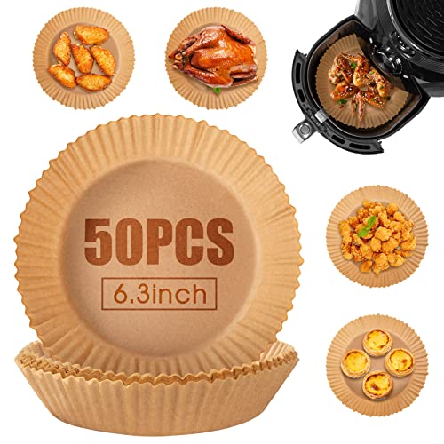 Papier Cuisson, Uten 50Pcs Papier Sulfurisé pour Friteuse à Air, 19 cm Rond Air Fryer Paper, Parchemin Papier Antiadhésif pour 3 -10L Friteuse sans Huile Cover