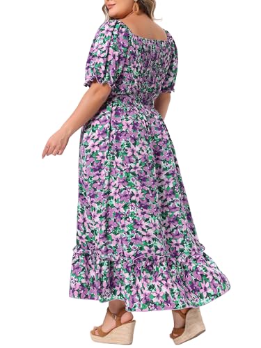 Image of Agnes Orinda Plus Size Dress for Women Short Sleeve Shirred Square Neck Floral Maxi Long Dresses