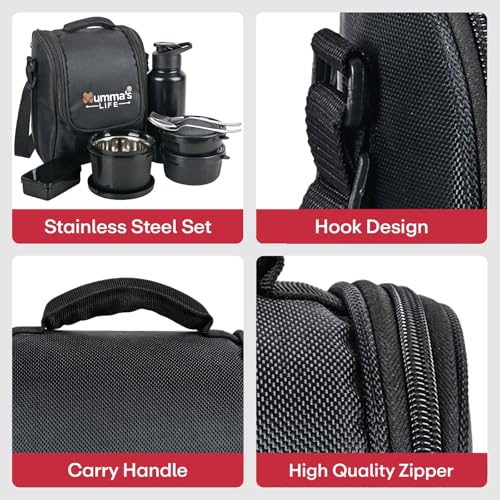 Image of Mumma's LIFE Lunch Box for Office Use - Microwave Safe 3-Container Tiffin Box for Men (250ml, 400ml, 600ml) with BPA-Free Lids, 130ml Pickle Box, 750ml Steel Bottle, Insulated Bag & Steel Cutlery