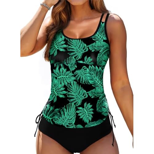 Aleumdr Womens Blouson Tankini Swimsuits Athletic Two Piece Strappy Tummy Control Bathing Suits with Bottoms X-Large Floral Green