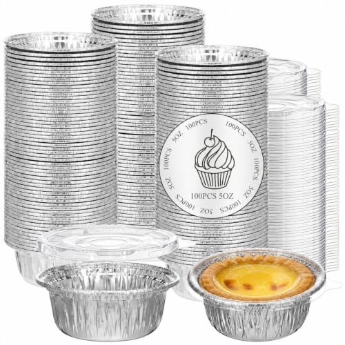 Domensi 100 Pcs 4 Aluminum Pie Pans with Lids Bulks 5 oz Mini Disposable Pie Tins Round Foil Cup Ramekin Food Containers for Oven Cooking Takeout Storage Meal Prep Creme Brulee Cakes Sauces