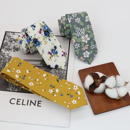 Image of Luckyvestir Ties for Men, Sage Green Cotton Floral Tie 2.76 inch Flower Printed Men's Neckties for Wedding /Groomsmen /Suit /Party