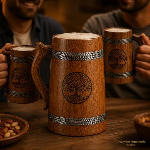 Image of Tree Imprinted Wooden Beer Bar Combo Set|Beer Mug | Barrel Shaped Jumbo Mug|Brown|(2 Small Beer Mug 350ML Size: 5 x 4 inches Each & 1 Beer Jug Large 750ML Size: 7 x 4.5 inches)