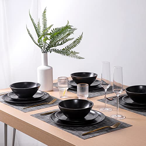 Gbhome Stoneware Dinnerware Sets,Speckled Handcrafted Ceramic Plates And Bowls Sets,Highly Chip& Scratch Resistant | Dishwasher & Microwave& Oven Safe Dishes Set- Service For 4 (16Pc) -Matte Black #TOP5