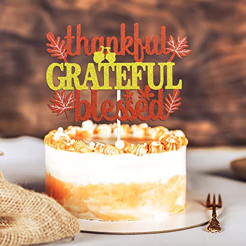 Thankful Grateful Blessed Cake Topper - Gold Glitter Gracias Autumn Festival Party Cake Topper - Thanksgiving Blessed - Thank You Fall Cake Decoration #TOP2
