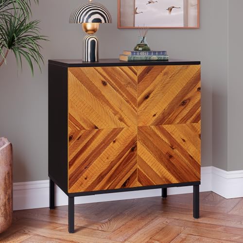 Image of Bme Vivian Sideboard Buffet Cabinet, Solid Acacia Wood Storage Cabinet with 3 Doors, Rustic Golden Brown Mid Century Modern Sideboard for Dining Room, Kitchen, or Living Room
