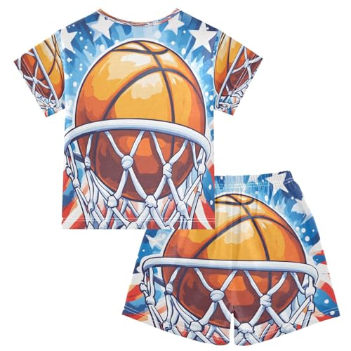 ALAZA Cartoon Basketball Star Red Blue Pajamas Set Short Sleeve Cotton Sleepwear Summer Pjs 2 Piece 5-14Y2